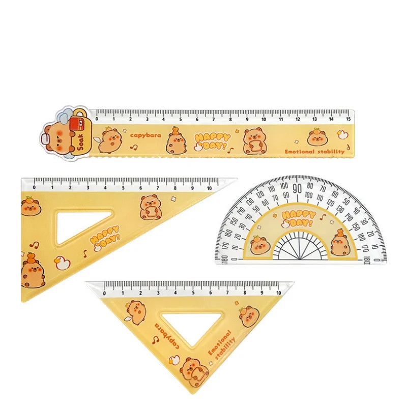 1Set Cartoon Capybara Student Ruler Set 10/15cm Kawaii Stright/Triangle/Protractor Measuring Tool Kids Gifts School Stationery