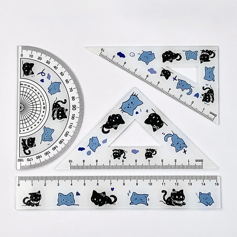 4pcs blue cat ruler stationery, back-to-school supplies, practical square, cute cat ruler, protractor tool, school accessories