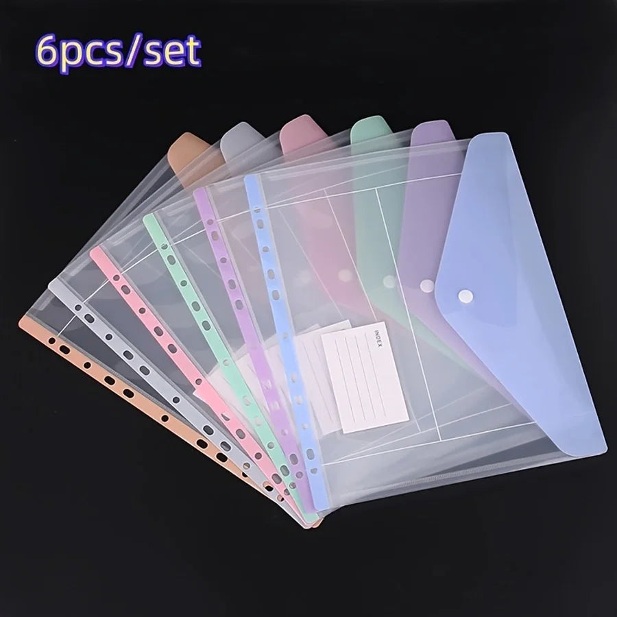 6pcs/set envelope binder pocket - 11-hole folder, for 2/3/4-ring binders, side-opening plastic folder with snap fasteners