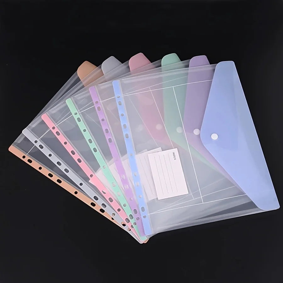 6pcs/set envelope binder pocket - 11-hole folder, for 2/3/4-ring binders, side-opening plastic folder with snap fasteners