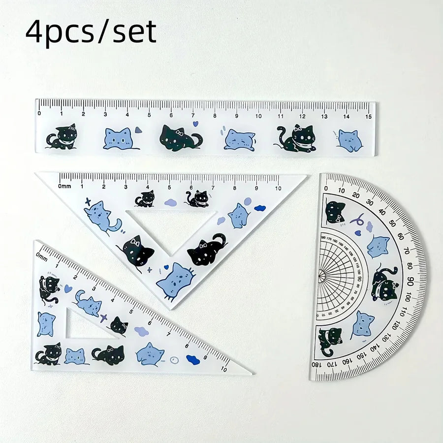 4pcs blue cat ruler stationery, back-to-school supplies, practical square, cute cat ruler, protractor tool, school accessories