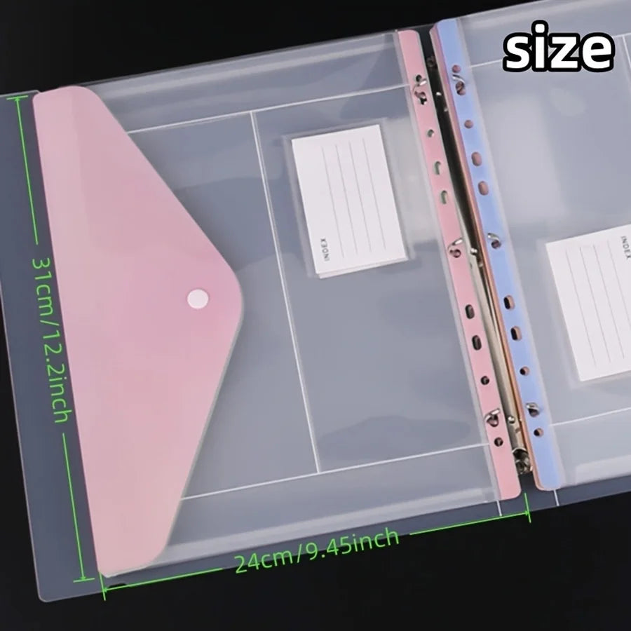 6pcs/set envelope binder pocket - 11-hole folder, for 2/3/4-ring binders, side-opening plastic folder with snap fasteners