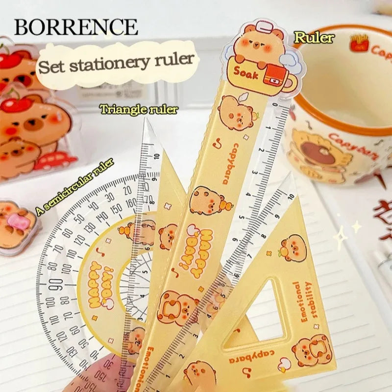 1Set Cartoon Capybara Student Ruler Set 10/15cm Kawaii Stright/Triangle/Protractor Measuring Tool Kids Gifts School Stationery