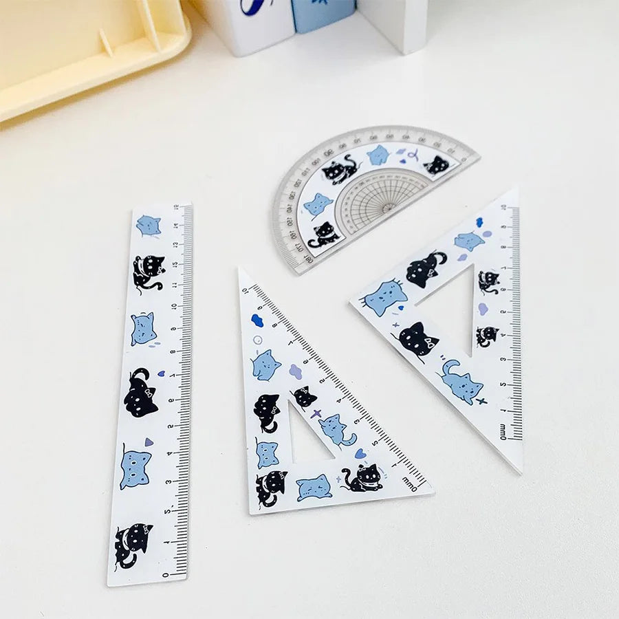4pcs blue cat ruler stationery, back-to-school supplies, practical square, cute cat ruler, protractor tool, school accessories