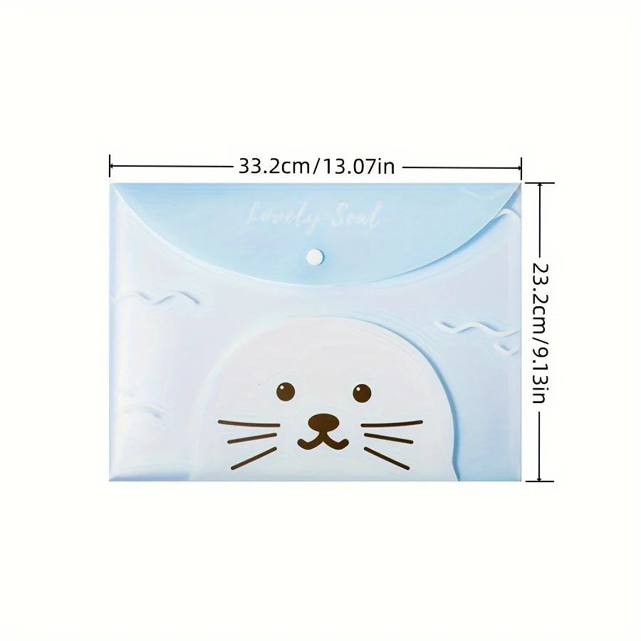 4PCS file bag, cute A4 cartoon file bag, clip button, transparent student stationery, cute information bag