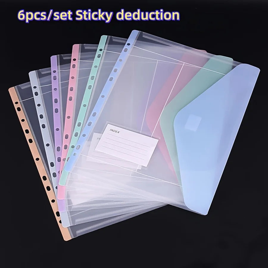 6pcs/set envelope binder pocket - 11-hole folder, for 2/3/4-ring binders, side-opening plastic folder with snap fasteners