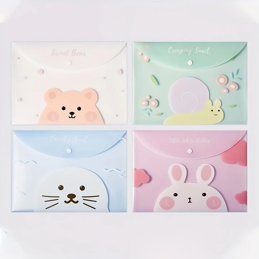 4PCS file bag, cute A4 cartoon file bag, clip button, transparent student stationery, cute information bag