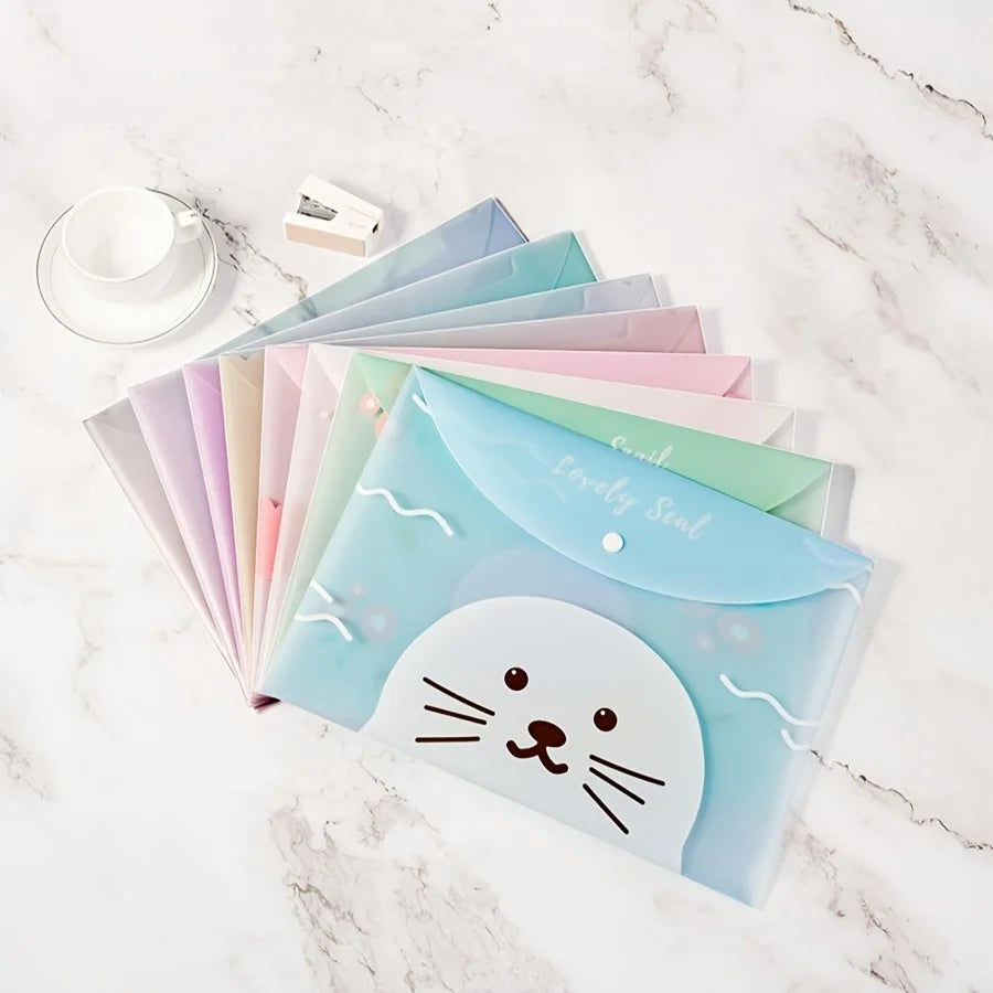 4PCS file bag, cute A4 cartoon file bag, clip button, transparent student stationery, cute information bag