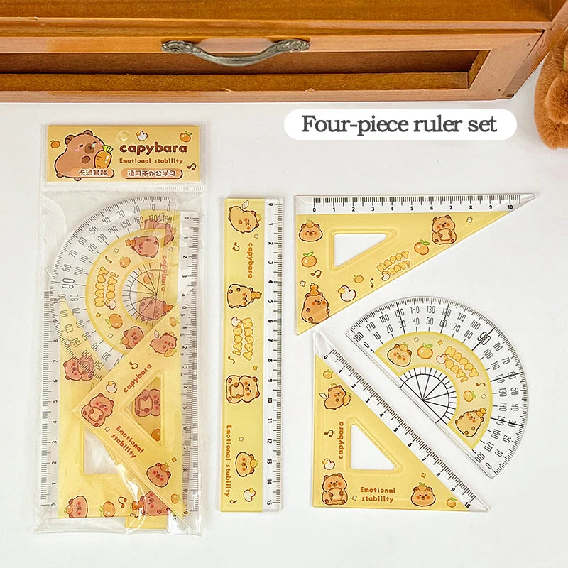 1Set Cartoon Capybara Student Ruler Set 10/15cm Kawaii Stright/Triangle/Protractor Measuring Tool Kids Gifts School Stationery