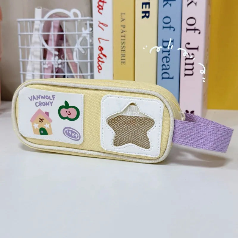 Creative cartoon portable pen case, large-capacity picnic series pencil case, multi-functional stationery bag for students