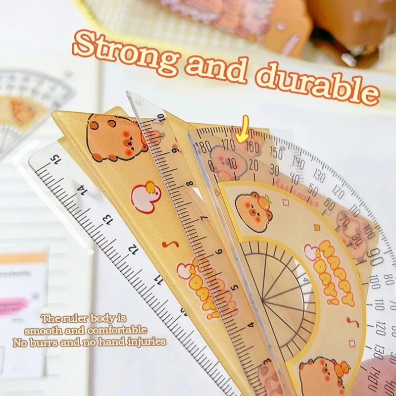 1Set Cartoon Capybara Student Ruler Set 10/15cm Kawaii Stright/Triangle/Protractor Measuring Tool Kids Gifts School Stationery